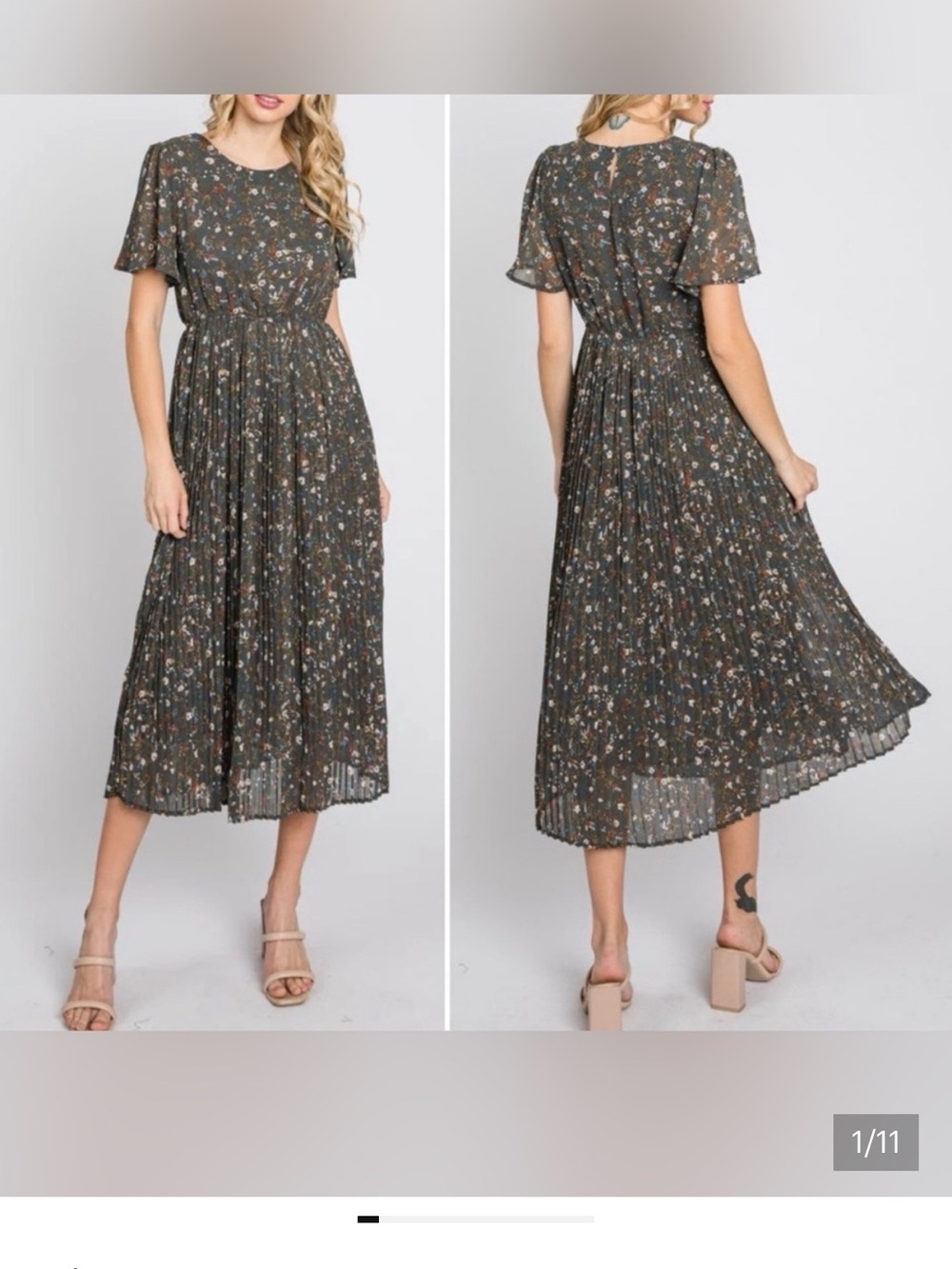 Baltic Born Belfast Pleated Olive Floral Midi Dress